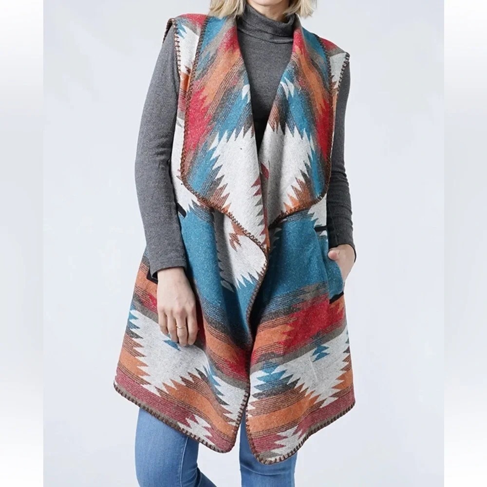 Aztec Pattern Full Length Kimono Vest Sz Large Western Cowgirl Tribal